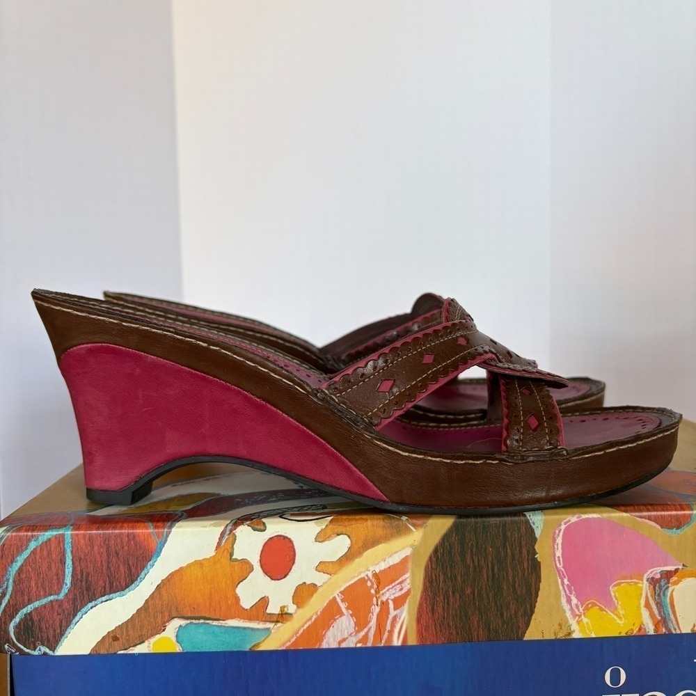 Indigo by Clarks Boelyn Earth Wedge Sandals Brown Pink Leather Women 8M Studded - Picture 4 of 16